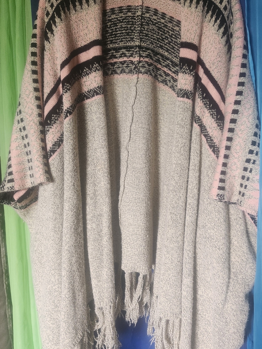 Women's Pink & Gray Fringe Knit Poncho Sweater